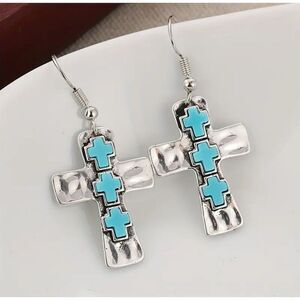 Boho Vintage Inspired Western Turquoise Cross Dangle Earrings Western Ethnic